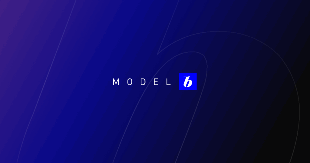 Model B logo with a gradient of blues, purples, and back behind it.