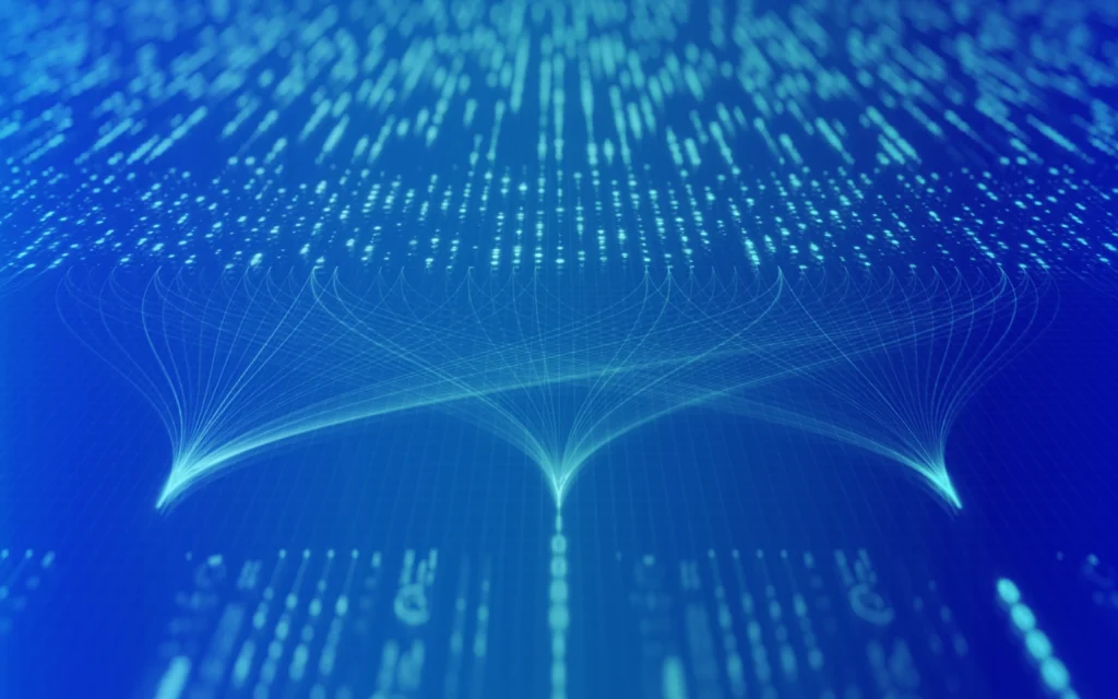 Abstract visualization of AI data flow representing machine learning and digital connections on a blue background