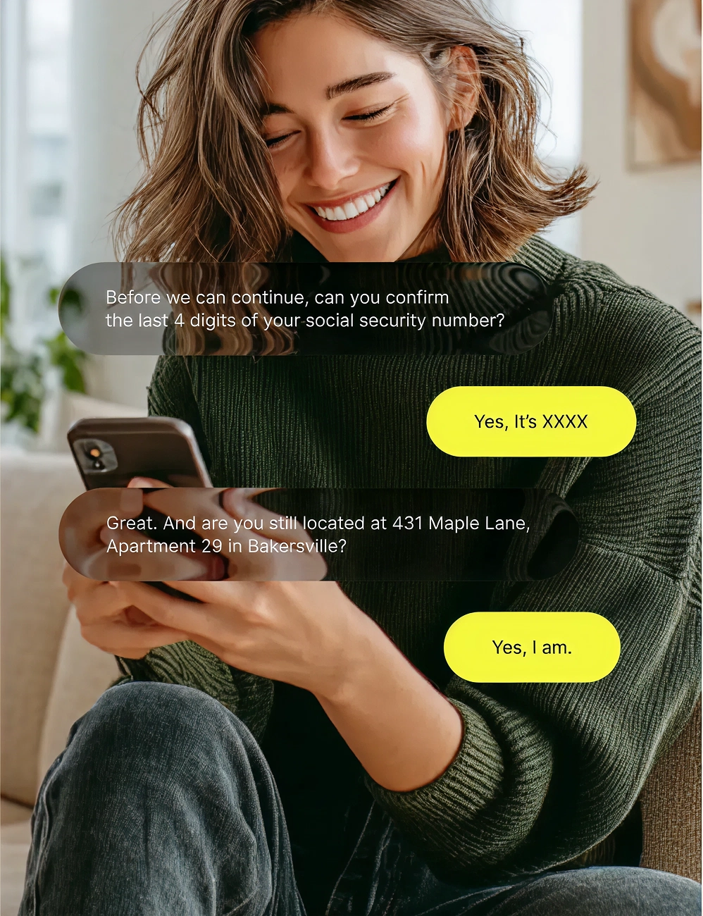 Woman holding a phone while completing an identity verification conversation, confirming the last four digits of her social security number and home address through on-screen message prompts.